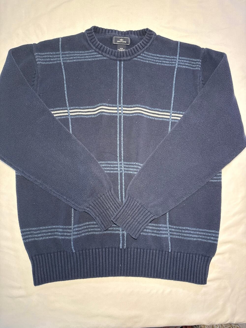 Dockers Men’s Medium Navy Blue Windowpane Plaid Crewneck Cotton Sweater